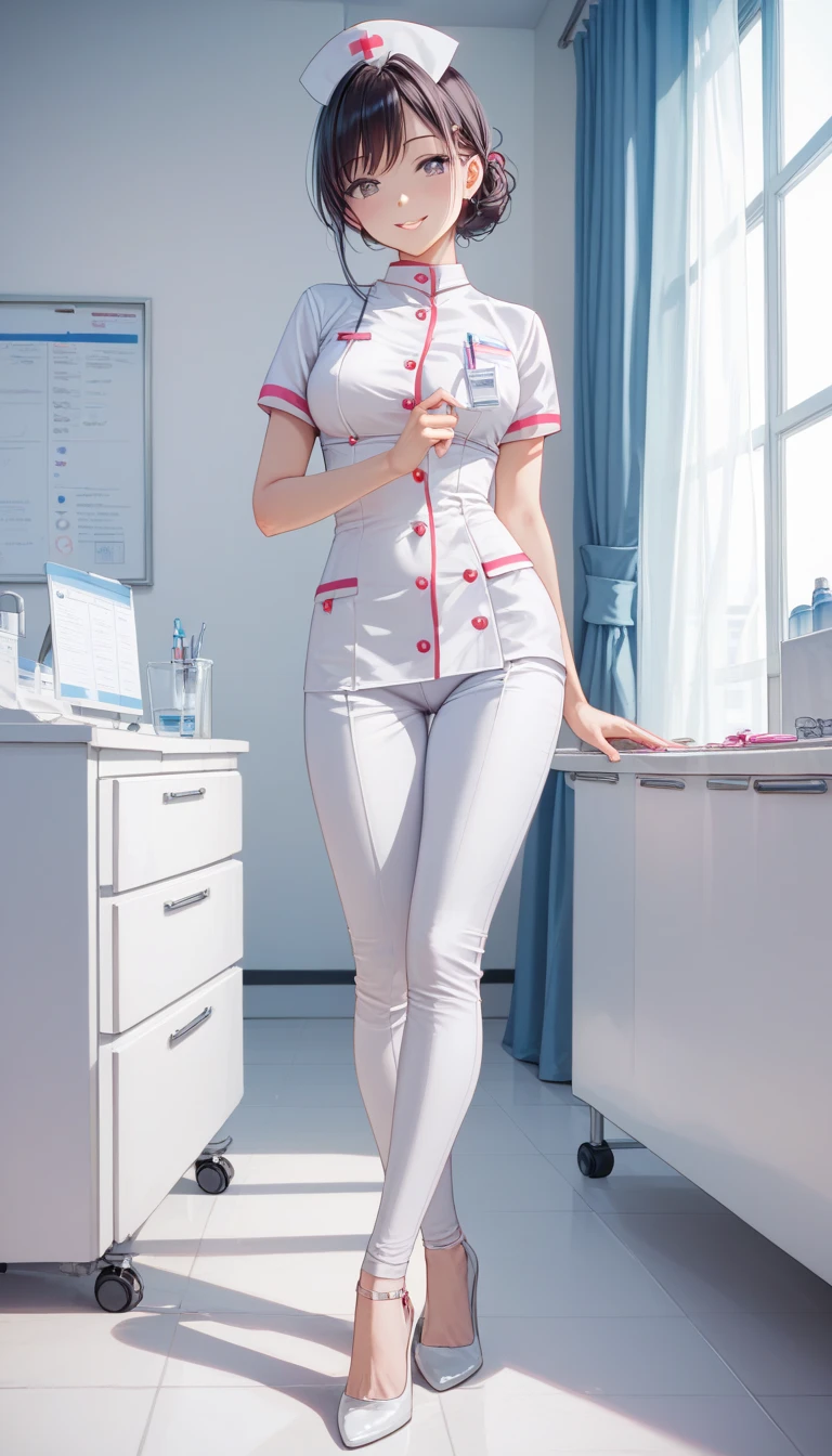 NSFW, 1womanl, (Well-formed face), (Ideal ratio body proportions), Hospital Room, Sunnyday, (Show off your panties to the camera), (nurse's outfit), long , Wet, Smiling smile, de pele branca, A slender, Dark hair, short-hair, skinny legs, beauty legs, Small buttocks, surrealism, Cinematic lighting, depth of fields, One-person viewpoint, F/1.8, 135 mm, canon, nffsw, masutepiece, ccurate, Anatomically correct, Textured skin, Super Detail, high details, High quality, awardwinning, Best Quality, hight resolution, 1080p, 4K, 8K