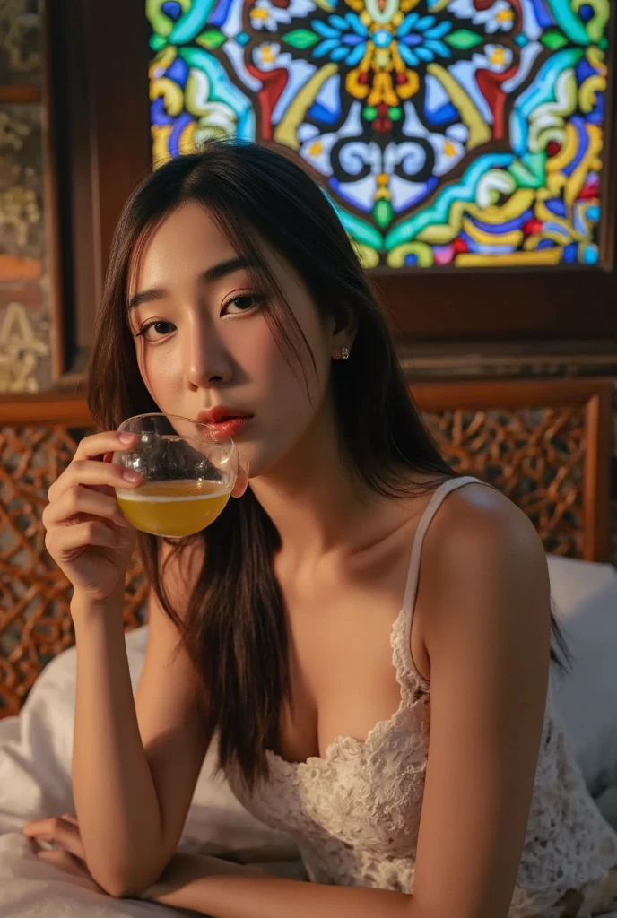 1 Women-centered, Female model holds a cosmetic bottle in her hands, Wearing a white shirt, Model's skin health、bright, Cosmetic bottles sparkling,Luxury, skin care, flower, (Cosmetic photos), clean atmosphere, in the studio, Shot with a Hasselblad camera, medium format, dramatic lighting, saint laurent cosmetics, (high profile)