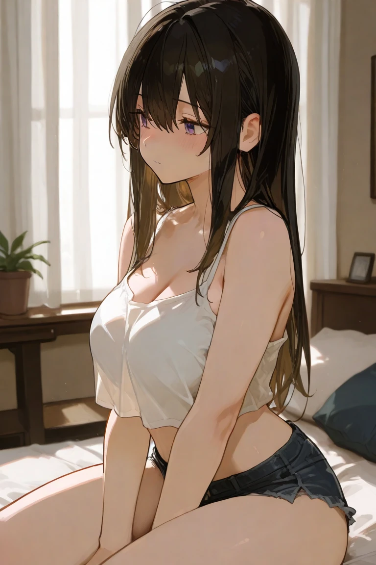 (Hands folded behind your back)、Beautiful breasts、Black Hair、Armpits are visible、Attractive breasts、Beautiful and attractive anime woman, Enchanting anime girl, Top rated on pixiv、Healthy Body、OK、(white)See-through tank top、Yakuza、(All over the body)Tattoo、(Large on the arm)Tattoo、I can see your underwear、Shaving、Slippery、big round earrings、Iris、beautiful girl、、Provocative、Underwear is biting into、The setting sun is shining through the window、Stay in the house、Quiet、Inconspicuous、Nipples、bedroom、Big Breasts、Fair skin、semi-long