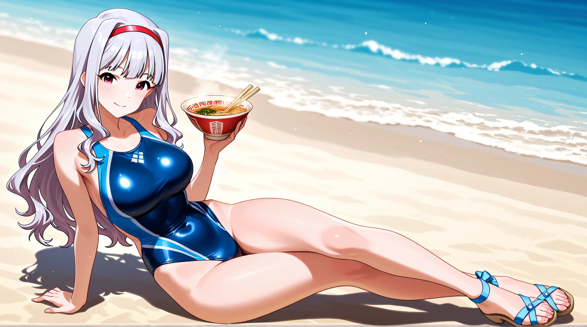 A woman with dark skin and silver hair in a ponytail wearing a swimsuit　Belly button showing　Beach House　BBQ being grilled on a hot plate