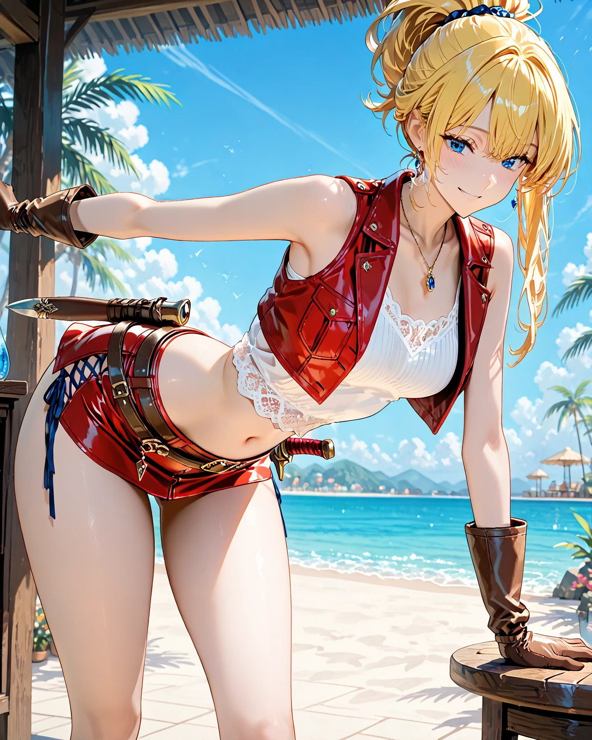 Perfect Anatomy Highest quality,Highest Resolution,(((Dark orange bikini Thigh-high boots))) Metal Max 2:Reloaded Mishka Rocket Launcher Blonde long hair Blue Eyes D Cup 20-year-old end of the century desert athletic Warrior cool