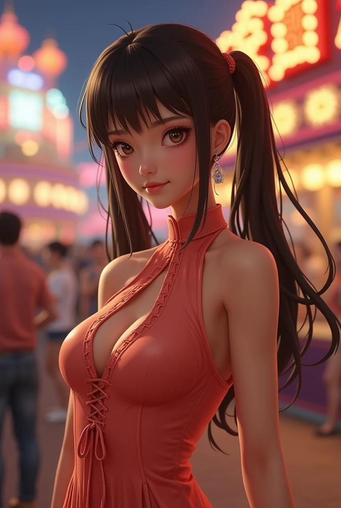 (8k, Masterpiece, RAW photos, best quality, realistic, very detailed CG unified 8k wallpaper, Depth of field, movie light, lens flare, ray tracing, (Very beautiful face, beautiful lips, beautiful eyes), intricate detail face, ((super detailed skin))1 girl, in the dark, deep shadows, pretty Korean girl, kpop idol, 1 girl, (Very slim slim for muscular body :1.3), (looking at the audience)), (Smile :1.3), (hot pink bikini), (Melt, transparent), (Fashion City Night, Night,)(neon), (background blur), Fashion Street Night), (no one in the background :1.3), beautiful earrings, bracelets, necklaces, naked legs, High heels, clear eyes, walking, (pale skin), (big eyes), face forward, (upper body shot), (silk dress :1.3), (brown hair), (tight bikini)), (See through), (see through to viewer :1.3) Open breasts, full, huge breasts, turn around, back shot, see through