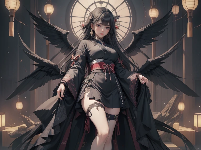 1girl, ash_(pixiv53802), asymmetrical_wings, bad_id, bad_pixiv_id, black_hair, houjuu_nue, legs, magic_circle, mary_janes, red_eyes, shoes, solo, thighhighs, touhou, wings