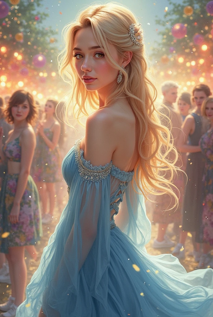 photorealistic painting ((full body)) portrait of ((stunningly attractive)) a woman at a music festival, ((perfect feminine face)), (+long colorful wavy hair), (+glitter freckles), glitter, wearing a dress, intricate, 8k, highly detailed, volumetric lighting, digital painting, intense, sharp focus, art by artgerm and rutkowski and alphonse mucha, cgsociety