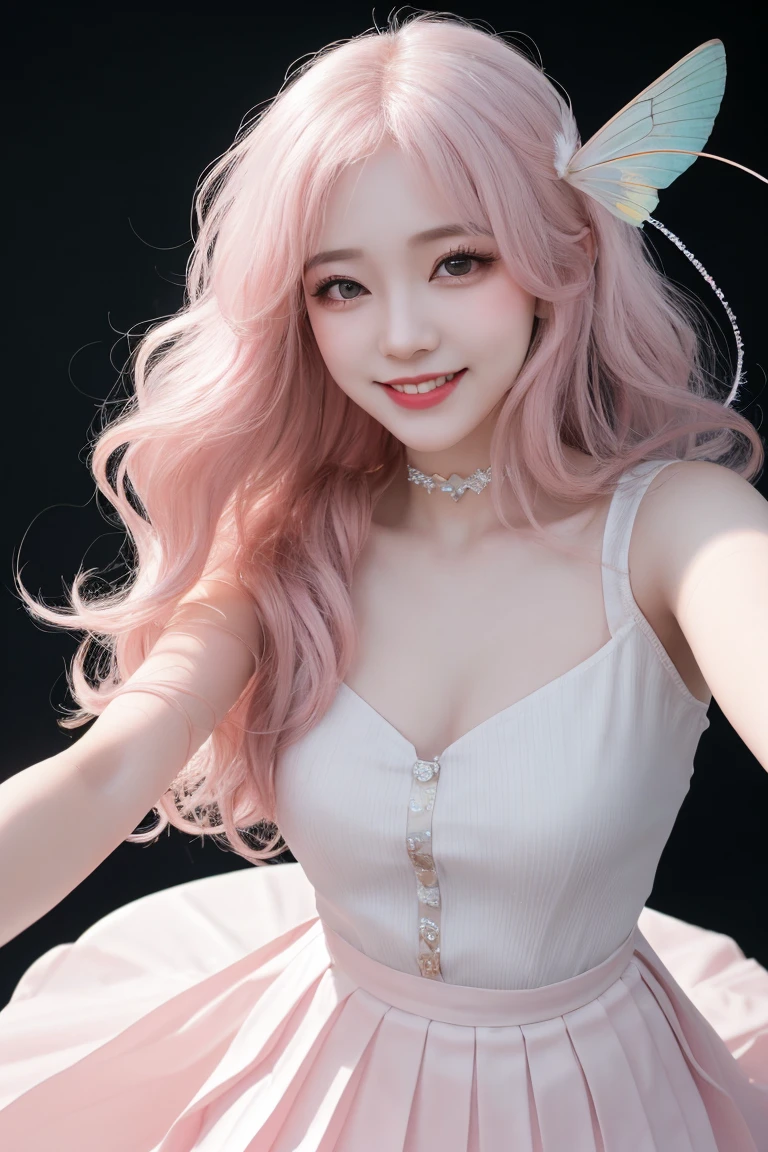 (8K, top-quality, masterpiece:1.2), (reallistic, Photorealsitic:1.37), Super Detail, One girl, (Highly detailed), (beautifully detailed eyes), (of the highest quality), (super detailed), (masterpiece), (Detailed face), 20yr old, 1 girl, (pink hair, long hair), medium breasts, clothed, Perfect Lighting, BREAK (red Tailored fit dress:1.4), (Dress decorated with lots of diamonds:1.3) , satin, shiny, thin straps, V-neck, ribbon on waist, (black pumps:1.3), high heels, (silver necklace:1.2), (silver earrings:1.2), BRAKE, (upper body to knee:1.3), (curly pink hair on left side:1.4), (smiling at camera:1.2), (holding dress hem with right hand:1.3), (flower field or castle:1.2), (light blue sky:1.2)