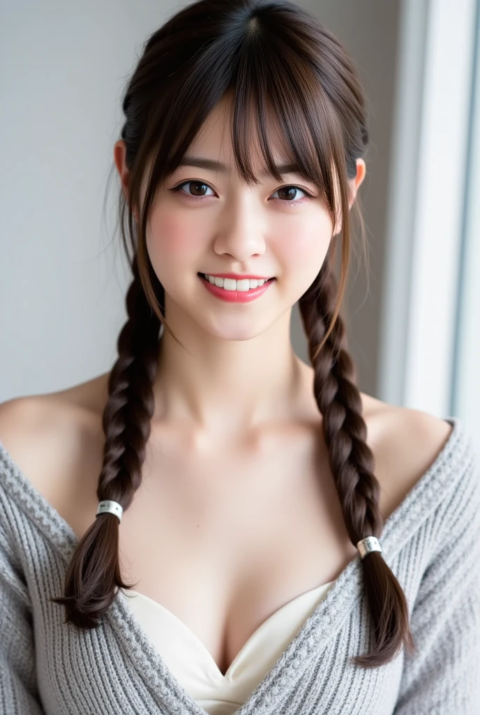 masuter piece、Girl with twin tail hair、(realisitic、Photorealsitic、ultra-detailliert、Highest Details Skins、top-quality、​masterpiece、超A high resolution)、17 year old girl、Colossal tits、Exposed nipples、Cute、Shot looking at the camera、With bangs、Smile