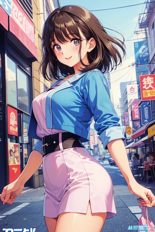 (high resolution, Best Quality:1.2), smile, looking straight, Anime style illustration of a young girl with brown hair in twin tails tied with pink ribbons, wearing a vivid cropped top, denim miniskirt, and platform boots. She has large earrings and multiple bracelets, sparkling in the sunlight. Her expression is more distinctly cute and slightly emotional. The background is the busy Shibuya Scramble Crossing during a sunny day, with active people and colorful advertising boards, conveying urban vigor and energy.