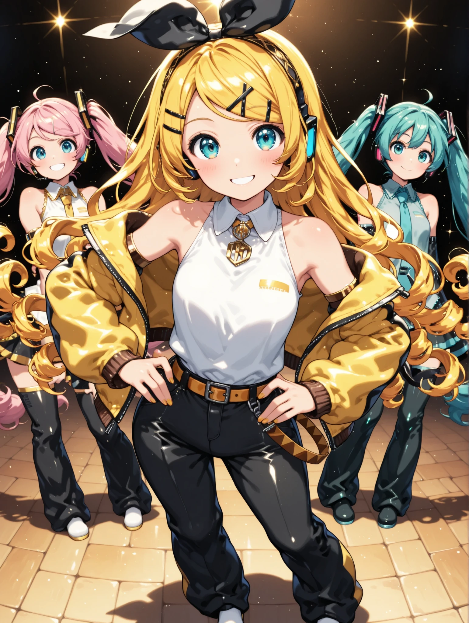 (masterpiece、top quality、top quality、official art、Beautiful Beautiful:1.2), high resolution, chest, long hair, Smiling, solo, simple background, My hair, accessories, とても long hair, Golden eyes, masterpiece, top quality, hair, (((curly hair))), Decobang, (((bangs))), ((( open shoulders)))Fluttering Clothes 、full body,(masterpiece、top quality、top quality、official art、beautiful beautiful:1.2)、, 3 girls are practicing dancing in a pop studio(Hatsune Miku& Kagamine Rin&Megurine Luka)、美しいchest、Bang Hair、 viewers, Smile , 3-person unit、 Trivial 、right:Hatsune Miku、center:Kagamine Rin、left:Megurine Luka、 very nice, very nice face, wearing hip-hop fashion, performance jacket, palazzo pants ,