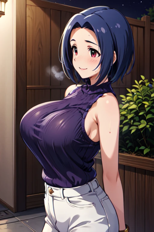 ((Tabletop, Highest quality, High resolution, Pixel Perfect,  4K, Browsing Caution)))、1 Girl, Beautiful woman、(((Muscular)))、((Bobcut、Blunt Bangs、Black Hair)), ((Yellow Eyes、Both eyes closed、Beautiful eyelashes, Realistic eyes)), ((Detailed face, blush:1.2)), ((Smooth texture:0.75, Realistic texture:0.65, Realistic:1.1, Anime CG Style))、Big nipples、((Huge breasts、Swollen nipples、Thick thighs)), Perfect body、Daytime Town、((((:d、blush))))、((Sweat、Steam from armpits))、(Right hand salute、Left hand on waist)、(Blue Jacket、Navy Blue Leotard)、Police Hat
