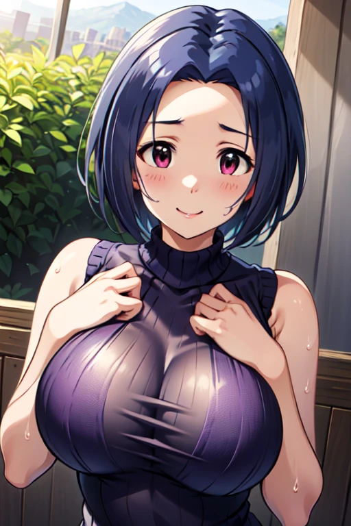 medium firm breasts, busty beautiful ((1cute and beautiful girl, blue eyes)), (( bob black hair with purple highlights))extremely sexy body, (beautiful  bandeau bikini, heart print), ((cosplay)), naughty smile, blush, (looking at viewer), in beautiful romantic in the bedroom, background with little heart print