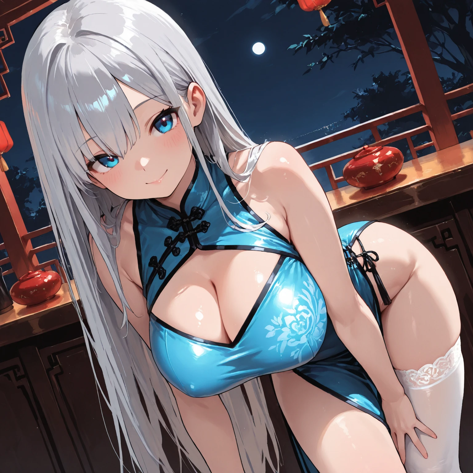 ((masterpiece:1.4, best quality)(Beautiful eyes with fine and meticulous details: 1.2), extremaly detailed cg,Gray hair and turquoise eyes,tide,darkly,nigth,paper lanterns ,Kizi,reef,Close-up,Lateral face,White panty hose