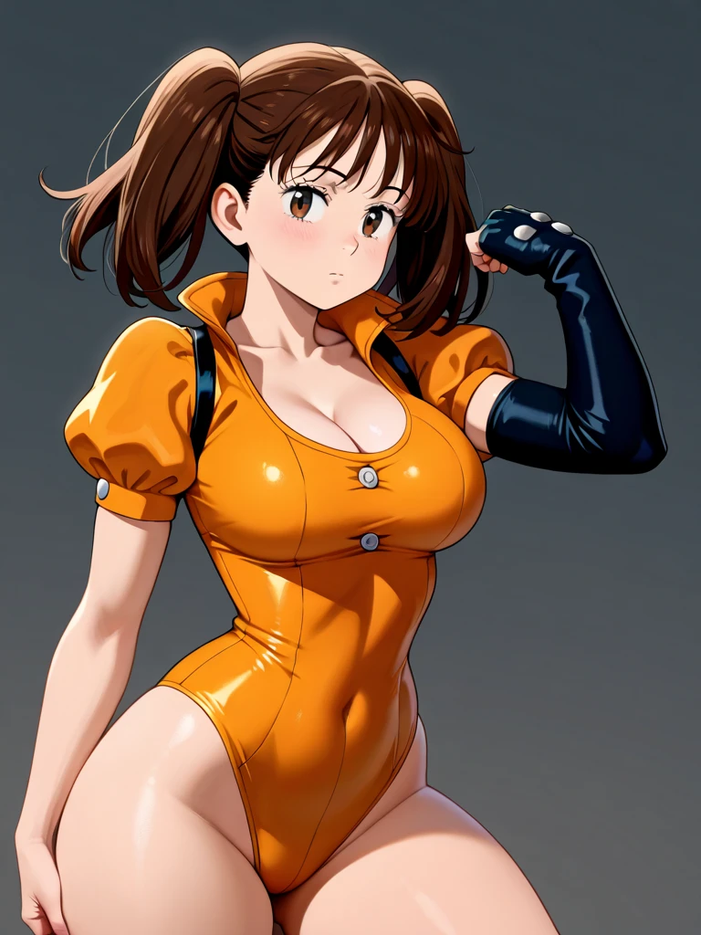 Cute girl, brown hair, pigtails, Violet eyes, tight orange clothes, orange shorts, big breasts, bare shoulders