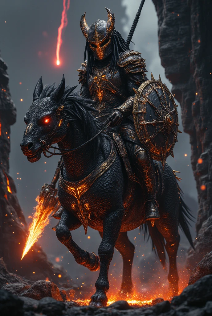 An award-winning photo of a fantasy dead necromancer from the Warcraft game up to the waist, dressed in a torn leather jacket, hedish, covered with scars and scratches, a sunken belly, a thin body, a gray horse, long gray hair, gray eyes, sitting on a horse skeleton, a dead horse with its head down without eyes, riding a bone horse from dark, ghostly creatures in the background, dark, sinister, cavernous, high contrast, shiny skin, lighting, blooming, light sparks, chromatic aberration, clear focus, lightroom, natural, perfect, [oliver wetter|(kodak portra:0.08)|(leibovitz:0.6)], raw, intricate, high quality, mamiya, exposure blend --auto