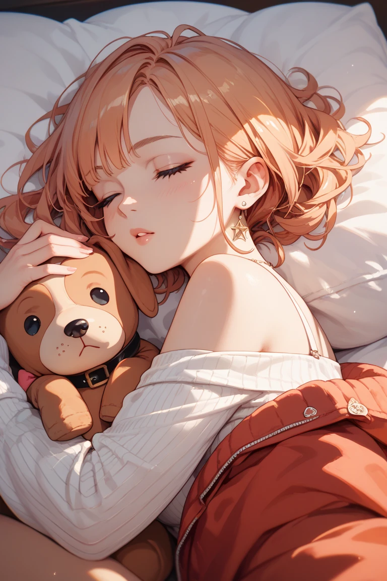 1girl in,A girl lying down holding a stuffed cat,Very cute,tre anatomically correct,Brown Hair Short Bob Hair,s Pajamas,ssmile,photorealisim,masterpiece