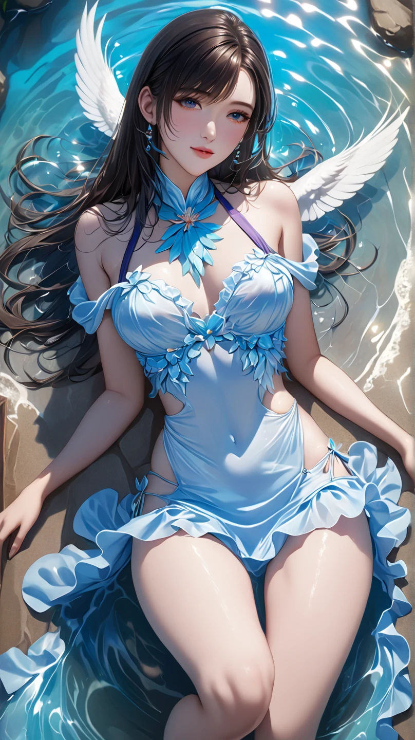Waikiki Beach, Hawaii, dress without sleeve, ((best quality, 8K, masterpiece: 1.3))), Be focused: 1.2, (Layer cutting, Large target: 1.2), The beauty of the perfect body: 1.4, Slim abdominal muscles: 1.2, Wet: 1.5, Highly detailed face and skin textures, Close your eyes, Double eyelids, Messy Hairstyle, No makeup,