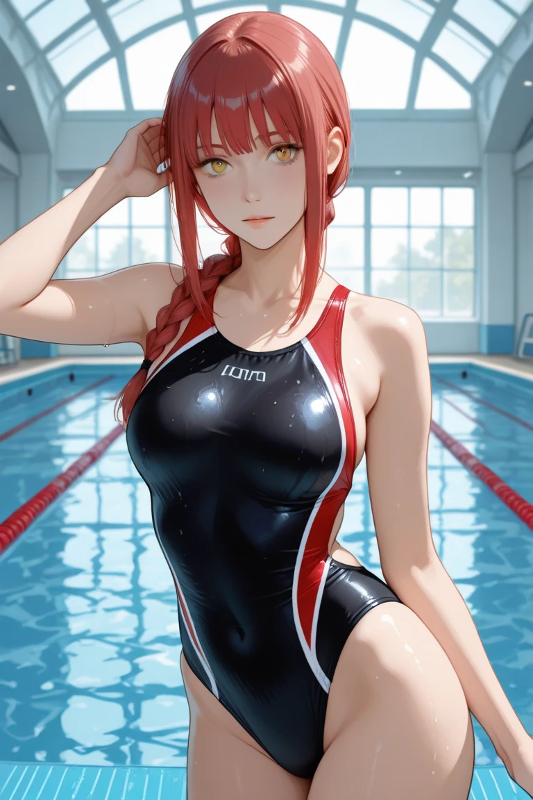 High quality, high definition, hig
h precision images,8k 1 Girl Robot Girl、red hair,Twin tails,Red eyes,robot style barrette, all dark blue school swimwear,white name tag on chest、sports swimwear
,Sitting by the pool and doing calisthenics.Strong sunlight, smiling face, looking at camera, A shot from a far side,Full body view