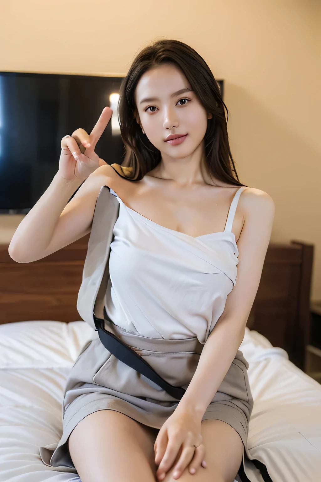Lying in bed:1.88、Very listless expression、(((A loose-fitting camisole、The shoulder strap is off:1.52))),barefoot,One Girl,Realistic,Bedroom、((Extremely precise and accurate anatomy:1.0、Hands have five fingers、Five fingers on the feet)), (photo Realistic:1.4), (hyper Realistic:1.4), (最高品質のRealisticな肌の質感:1.4), (Improvement of quality:1.4), (Enhances the beauty of skin texture:1.1), Clean and glowing skin, mesh, thin:1.2, (Realistic:1.3), Realisticなライティング, (Smoother lighting:1.05), (Improving the quality of cinema lighting:0.9), Backlight, A gentle light on your face, Ray Tracing, (Bright light:1.2), 32K, One Japanese woman, fine grain, Detailed face, (Film Grain:1.1),(Accentuates body lines:1.1), High resolution, Natural look, Kind eyes, Improves hair quality, Delicate light and shadow, Transparent muscles, Graceful pose, Beautiful Eyes, Sharp details, Soft light reflection, Beautiful contours, Delicate skin tone, Fine hair texture, Natural background,premium detailed, premium performance, 8k, masterpiece
