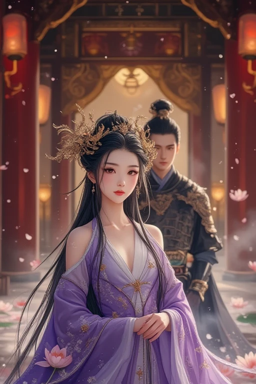 Masterpiece, Best Quality, (Absolutely True), (Absolutely True), (Extreme Reality), (Very Detailed CG Unity 8k Wallpaper), (Best Quality), (Best Illustration), (Best Shadows), Absurd, Realistic Lighting, (Abyss), Beautiful Detailed Glow, Peter Mohr Beighter's art, masterpiece, best quality, (very detailed CG unified 8k wallpaper), (best quality), (best illustration), (best shadow), super detailed, "They are an ancient couple, | The boy is tall, with broad shoulders and strong arms, a well-defined face, handsome, and deep and clear eyes. He wore a wide robe with exquisite embroidery on it, a pair of loose pants underneath, and a pair of leather boots under his feet, and the whole person looked calm and restrained. | The girl has a graceful figure, smart and beautiful, and her big eyes and long black hair make her look extremely charming. She wore a bright red robe with exquisite embroidery and gold thread, the hem of the dress fluttered in the wind, and a pair of red embroidered shoes at the corner of the skirt made her look beautiful and cute. They came to a lotus pond, and the lotus flowers glowed faintly golden in the moonlight, which was very beautiful. "Digital Art, trending artstation, 4K, high detail, cinematic lighting, intricate, high detail, sharp-focused, dramatic, realistic