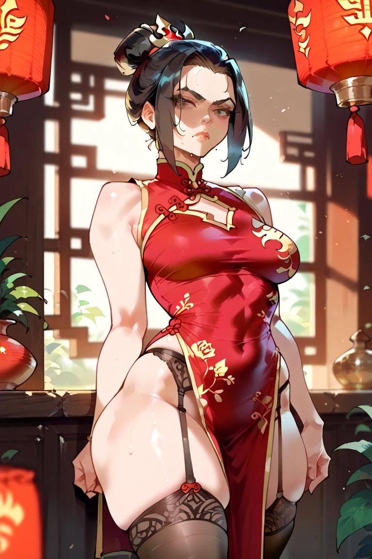 Gorgeous Chinese dress, Sky background, high quality, Painted from head to waist, Sleeveless, Legs in fishnet stockings, Sleeveless, Raise your arms, Armpits exposed,8K,high quality,Japanese cartoons,Married woman,Fair skin,Pretty Face,Small face,Clean,bright,eyes highlights,Sexy,Super big  (((Large Breasts)))、((Breast sagging))、Low-cut，(((Cleavage )))，(((Wide hips,)))(((,Hourglass figure))), ((Long legs)),Beautiful line drawing. Black Hair, White skin, Brown eyes,