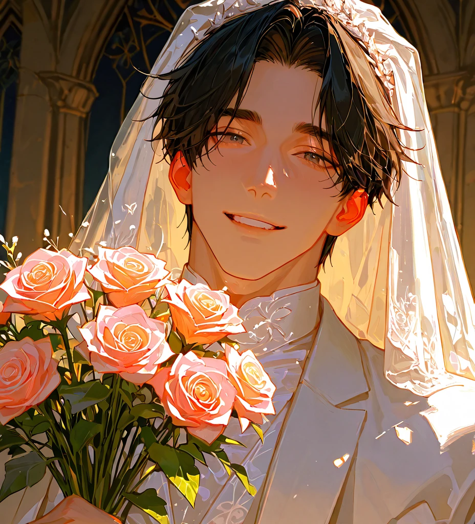 absurdres, highres, ultra detailed, HDR, master piece, best quality, extremely detailed, detailed face, detailed eyes, Judar, black hair, expressive red eyes, Magi: The Labyrinth Of Magic, solo, sexy man, handsome, manly man, sensual, Indian white chunnari around his shoulders, small short-sleeved black midriff-baring choli, black Indian pants, golden necklace with a ruby, golden bracelets, garden, cherry blossoms, pink petals, pink flowers, pink butterflies, blue sky, fantasy, magical