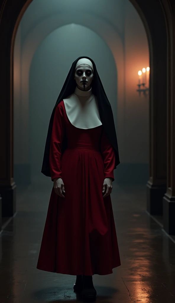 Albino girl with long white hair, From the Middle Ages, realisitic, blue eyes white nun clothes, with a cross necklace and a look of fear in front of a carriage in a Villa, with a scary red bishop behind details.