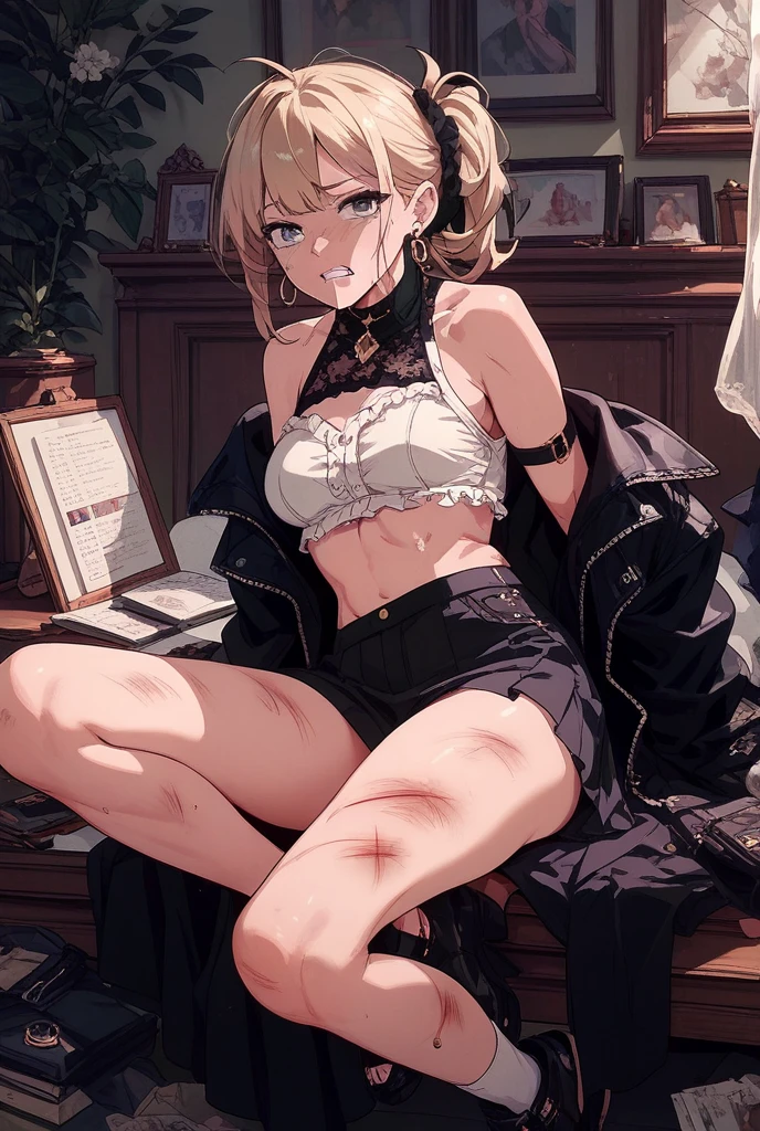 ((masterpiece、Highest quality、Very detailed))、One person、gyaru、Blonde、Long Hair、straight hair、Grey Eyes、evil smile、((open mouth))、((lots of piercing))、Large Breasts、((White collared shirt))、((open clothing))、((leopard print bra))、belly button、((Black pleated skirt))、Thick thighs、((leopard print panties))、Cowboy Shot、Sit on the mat、((leopard legs))、((knee up))、Gym storeroom