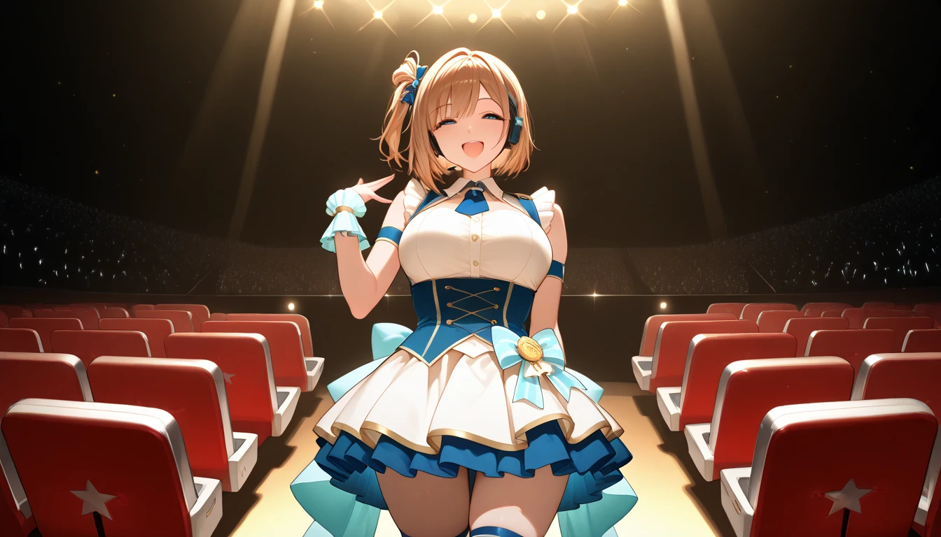 (Low - Angle), (masterpiece, Highest quality, High resolution), score_9, score_8_superior, score_7_superior, score_6_superior, sauce_anime, One person, Honoka Kousaka, We are in the present, lovelive!, score_9, score_8_superior, score_7_superior, score_6_superior, sauce_anime, blue eyes, Orange Hair, Medium chest, Side Ponytail, Medium Hair, Idol, Dancing energetically,Holding a microphone in your left hand, Outdoor, μsIdolドレス, loveliveのIdolドレス, Bright Stage, Illumination from below, Idolコスチューム, White panties, Frilled Panties, Panty shot, alone, A big flip-up dress, skirt, Smile wide open