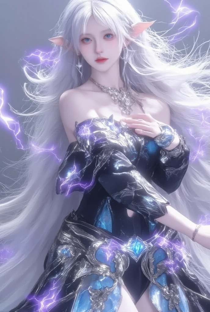 **Prompt:** Create an ultra-realistic 8K resolution image of Tsukuyomi, the Japanese moon god from Shinto mythology, reimagined in a Hollywood-style cinematic portrayal while retaining the deity's iconic features. Tsukuyomi is depicted as a powerful, glamorous figure with long, flowing silver hair that cascades over her shoulders in perfect waves, catching the light in a dramatic, ethereal way. Her eyes are sharp and intense, glowing with a mysterious, otherworldly light that hints at her divine nature.

She is dressed in a stunning, silver and black gown that hugs her form, made of shimmering fabric that resembles the night sky, adorned with intricate moon and star patterns. The gown features a high slit and a long, flowing cape that billows dramatically behind her, emphasizing her regal presence. Her look is completed with high heels and elegant jewelry, including a crescent moon pendant that rests against her collarbone.

The background is a grand, moonlit Hollywood set, complete with towering lights, cameras, and a backdrop of a starry night sky. The setting captures the glamor and spectacle of Hollywood, blending it seamlessly with Tsukuyomi's celestial essence. She stands in a powerful pose, embodying the ultimate Hollywood star—majestic, captivating, and imbued with an aura of divine allure. The scene is lit with a mix of soft moonlight and dramatic spotlights, creating a visually stunning and unforgettable image of Tsukuyomi as the ultimate Hollywood icon.