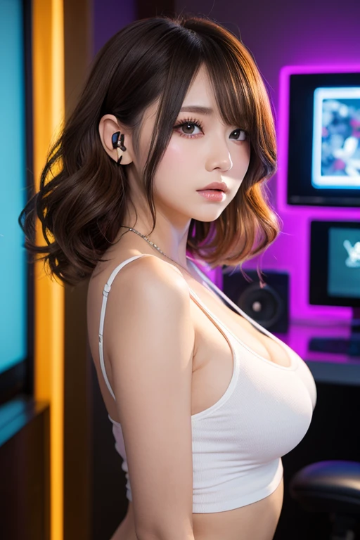 RAW, (8k, best quality, masterpiece: 1.2), (complex detail: 1.4), (photorealism: 1.4), octane rendering, complex 3d rendering super fine, studio soft light, edge light, vibrant detail, super fine, (realistic skin texture: 2), beautiful delicate face, beautiful delicate eyes, extremely detailed CG uniform 8k wallpaper, makeup, (perfect anatomy), (epic), (masterpiece, top quality, best quality, official art, Aesthetics and aesthetics: 1.2), very detailed, colorful, highest detail (super detail)), (highly detailed CG illustration), (very delicate and beautiful), (viewed from the side), cinematic light, city, 1 girl, solo, headphones, cyberpunk