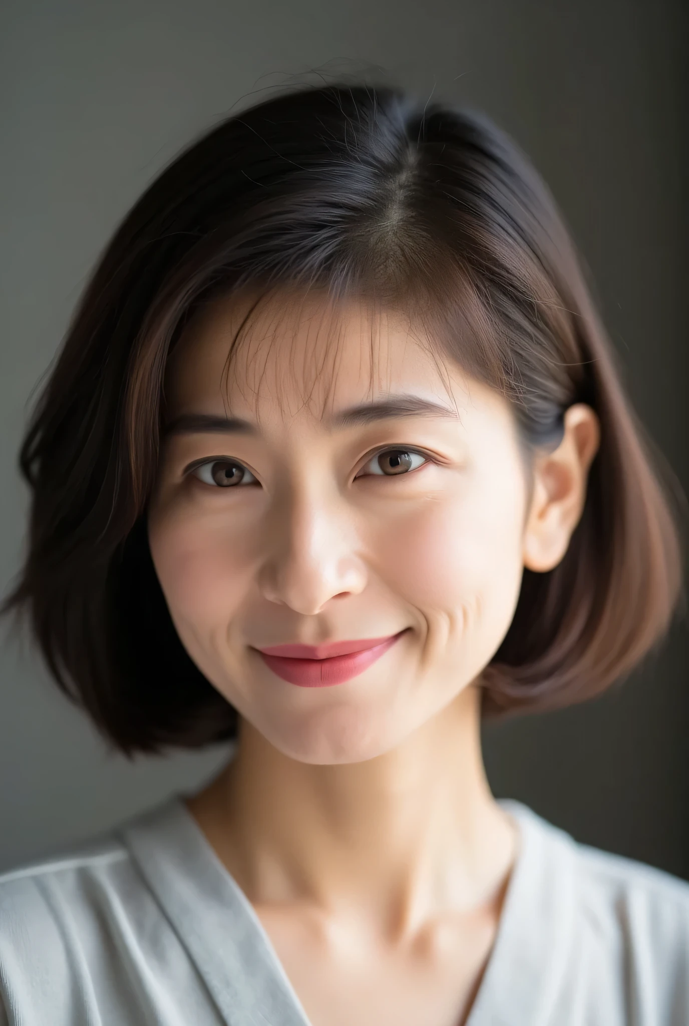A close-up portrait of a sophisticated middle-aged Japanese woman, 35 years old, with a layered short bob haircut. Her soft waves frame her face elegantly. She has a gentle and refined expression, with a warm smile. She wears natural makeup with soft pink lips and a subtle blush. The lighting is bright and flattering, highlighting her smooth skin. The background is simple and modern. (ultra-realistic, high detail, masterpiece, 4K, physically based rendering, depth of field, sharp focus)
