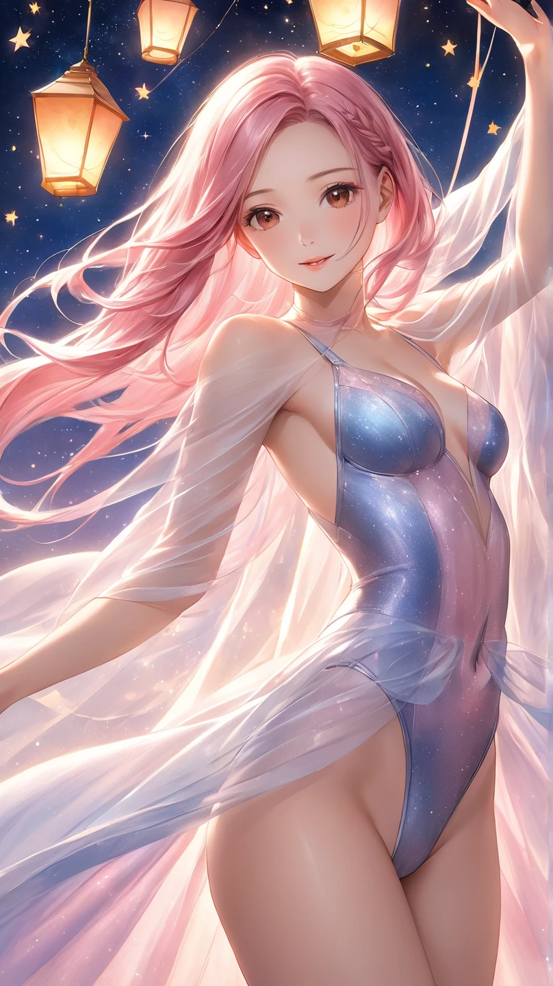 masterpiece, best quality, fascinating, bewitching, viewed from below, angel smile, angel eyes,
close up medium , (very long pink hair), upper body, very skinny tiny body, ((body rubber light blue suit)), night, moon, lace, Yelan, Genshin Impact, Genshin, full body, mountain, aurora