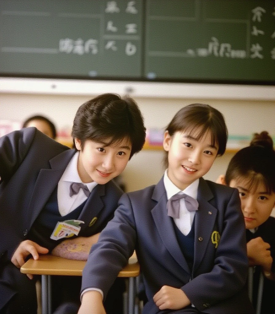 Pixar photos。 early evening、Three girls are taking pictures in sailor uniforms in a school classroom.。