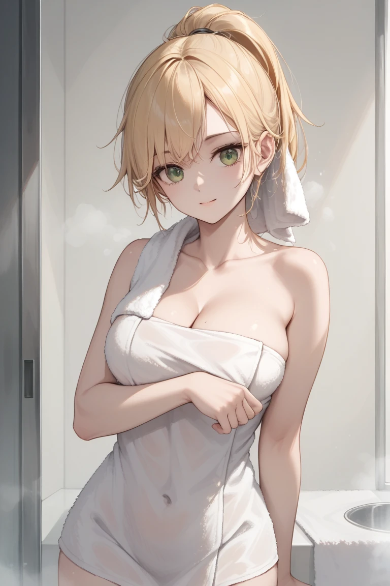 (Masterpiece), (top quality), (Tube top:1.5), (Off the shoulders:1.5), (Roll up a small towel:1.5), (bare shoulders:1.5), (thin fabric:1.5), (Blushed:1.3), (Shirtless:1.3), (actual:1.5), 1 , Precise hands, Embarrassed look, Smile, Very Cute Girl, baby face, clear eyes, shining eyes, small breasts, No, beautiful skin, Ultra-clear, highest resolution, blond hair, In the alley