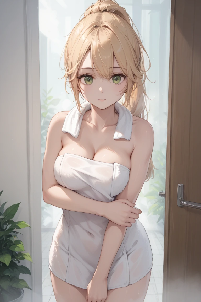 (naked towel:1.4),(white towel:1.2),(fluffy towel:1.7), nsfw,side view 1girl,looking away, naked towel, in bath dressing room,steam fog,sweat,wet,armpits, from above、Realistic, real person, (pale skin: 1.2), RAW photo, photorealistic, portrait photography, shiny skin, japanese idol、shiny hair、(25 year old woman with medium hair with blonde bangs) and (wavy hair) and (orange eyes) , (tears:1.2), (embarrassed:1.3),