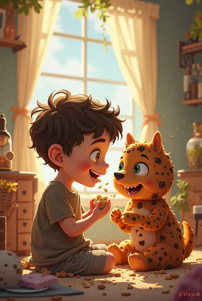 A happy young boy with blue eyes in blue t-shirts find a cute little green cat he took the cat in his house