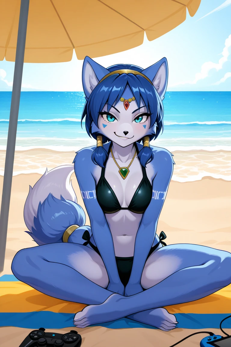 furry female, solo, dagasi_style,, furry, beach, fox girl, sitting, low view, from behind, soles at spectator, showing soles, grinning, paws, 4 toes, barefoot, paws, Krystal, star fox, black bikini, camel toe, looking back at viewer, black pawpads