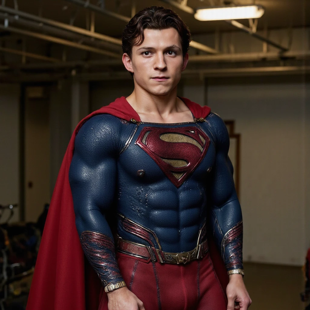 best quality, ultra high res, photo,realistic, detailed background,mature handsome male,stubble,normal body,(red low-rise thong:1.4),(superman blue cotton union suit:1.2),(torn clothes:1.7),nipple extrude,black short hair,(expression of suffering:1.5),(red superman boots:1.2),body hair,belly,smooth stomach,(Unconscious:1.5),panty bulge,thin small pectorals,(cum on body:1.3),red cloak,superman blue cotton union suit,forced orgasm, eye closed,red leather boots