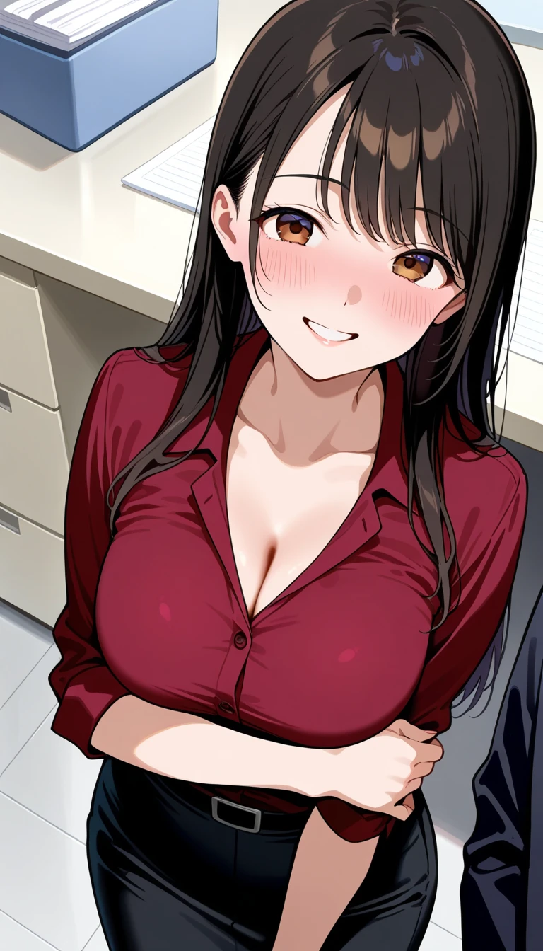 1 milf, long black hair, very big breasts, smiling, blushing
