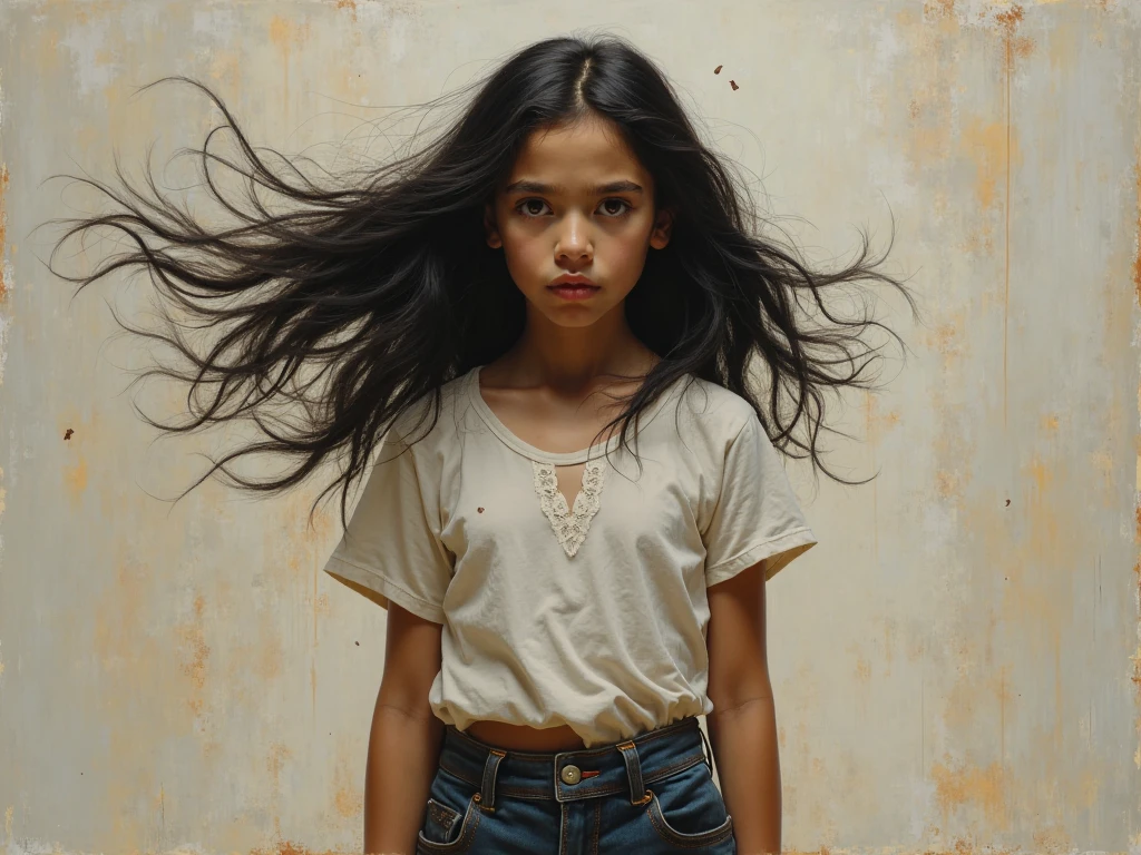 Small girl whos clothes are flowing by wind drawn using a pencil
