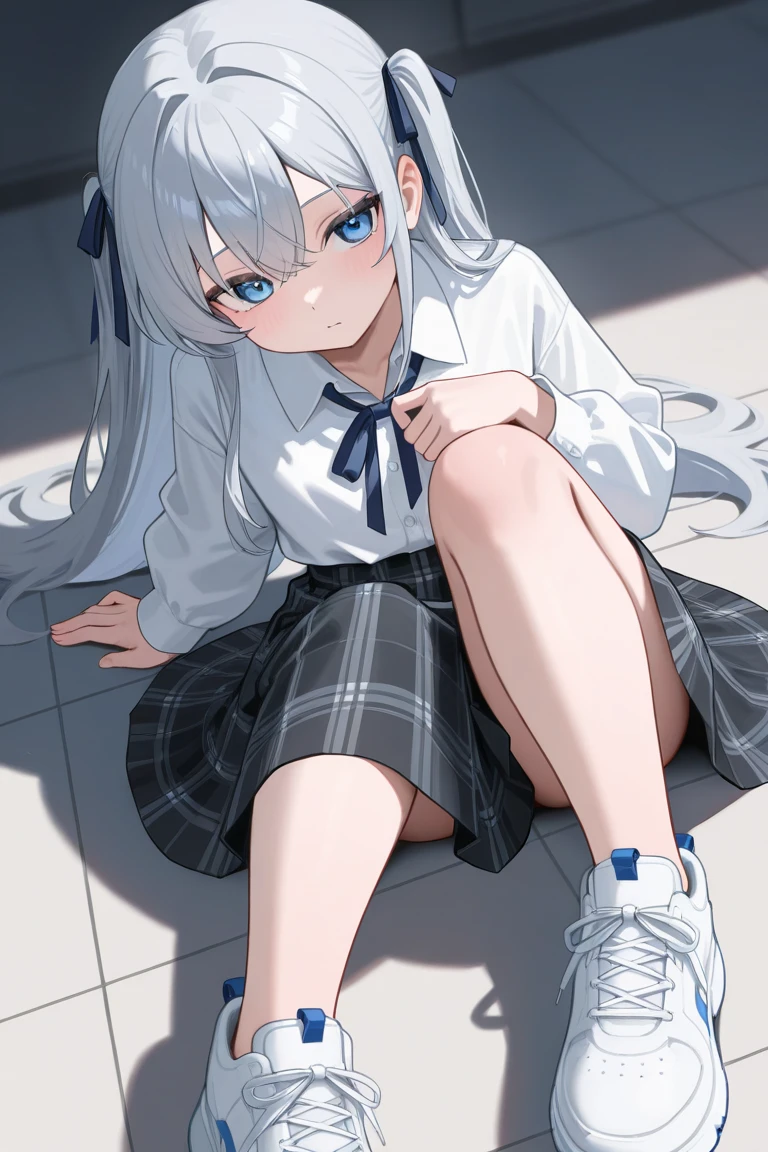 very cute and beautiful girl,(Very detailed美しい顔), (smile),blush,Black Hair,Seraphim,((White Hair、long hair)),(White Shirt、Pleated navy blue pread your legs、Squat)、Sitting、(From below)、(Lace panties), Country road, (Highest quality,masterpiece:1.0),Absurd,High resolution,Super detailed,Very detailed,32K,8k resolution, Intricate details,Movie Scenes,Detailed Background,alone,Dynamic Angle,