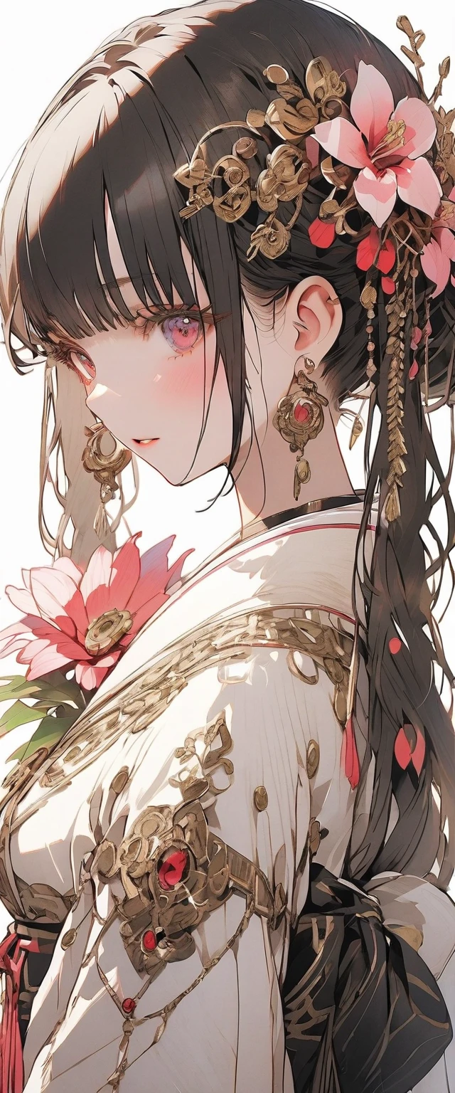 (masterpiece:1.2),  Her lush black hair covers her body.,1 plump girl, alone, Back view,branch, Flowers Bloom, gem, skirt, ear nipple ring, The Tree, Through the bangs, Long white hair, hair ornaments, Displaying the viewer, Chinese clothing, Black Hair Color, Hair Flower, Brown Hair, Exposed bare shoulders, Very long hair,Wide sleeves, Long sleeves