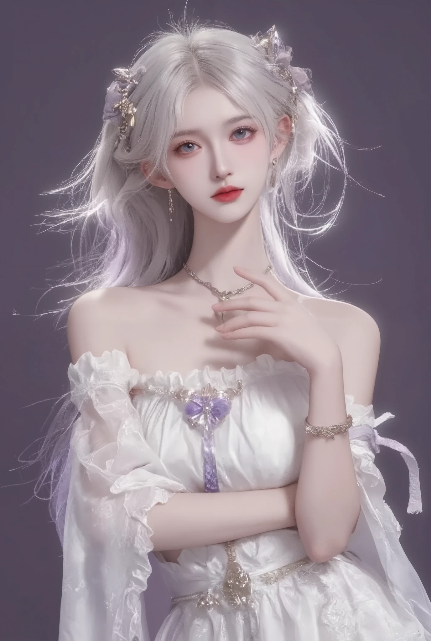 8k wallpaper、 Masterpiece、最 high quality 、 high quality 、 high detail、、 very aesthetic, absurd, latest, 1 female、 gray hair 、 long hair、 School Run Uniform 、 Remove the bandage 、、 Wide hips 、 Protruding thighs 、 medium breasts 、 traditional Japanese sword、 Japanese Sword、 weapons 、 photorealistic , Dark purple background 、 simple background、 Masterpiece, high detail, Organic Armored Cyborg