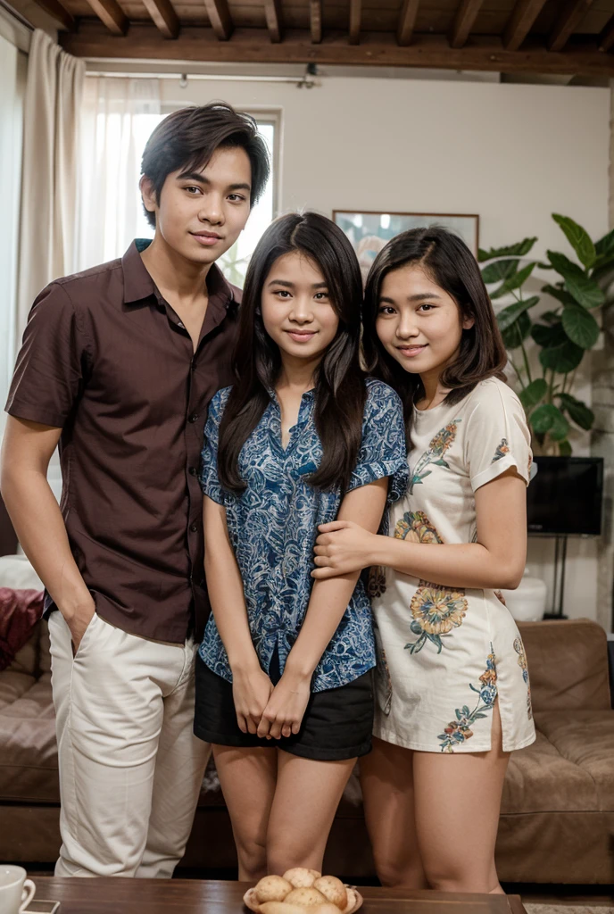 Medium shot of a 35 year old indonesian man, fit body, ideal body, oval face, white skin, nature skin, medium hair, wearing a shirt , side by side with a 30 year old indonesian woman with, gray crop tot, they smile facing the camera, eye to camera, eye level angle with City view in the background