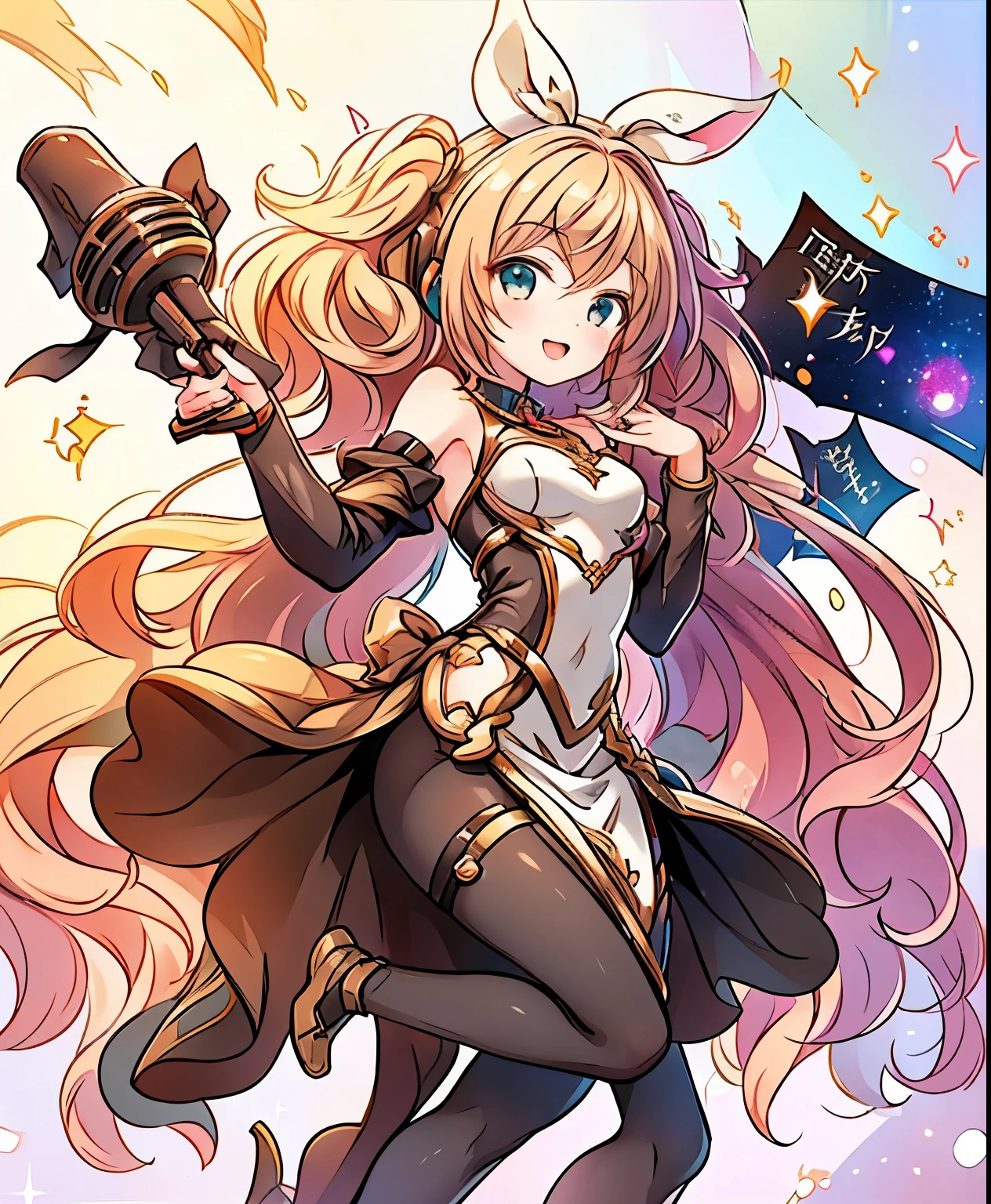 Obra maestra, La mejor calidad, Altas Resoluciones, 1girl, solamente, bruja tiene, Cabello largo, senos grandes, Mangas separadas, Correas de liga, Sideboob, pelo entre los ojos, hombros desnudos, muslos negros, beltt, cana, vestido, pelvis curtain, hendidura lateral, Campo de rayas verticales, Hierba, Disparo de vaquero, En pie, They are smiling,