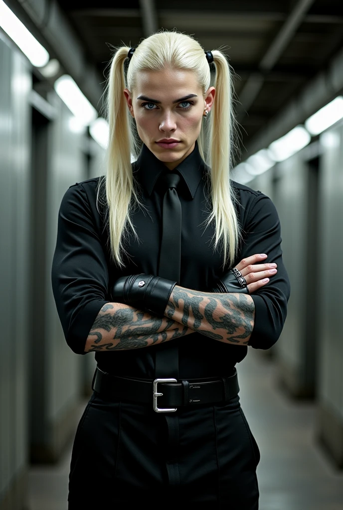 sensual rock star face, black studded sleeveless leather vest, black leather pants, blond hair, green eyes, muscular shoulder, shoulder tattoo, defiant piercing gaze, defiant pose leaning against a wall in a city alley full of skull pattern graffiti, on a light rainy night