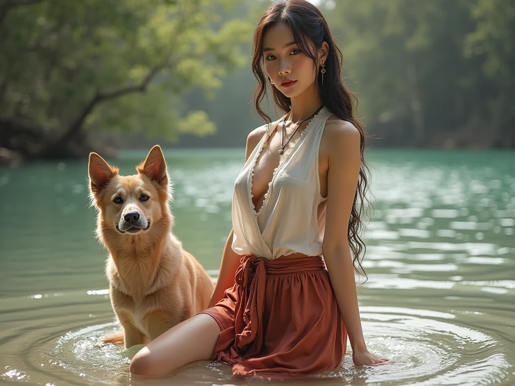 Best Quality, (Photorealistic:1.2), Hyper-Resolution, Three Women,long brown hair,long legged,Ultra-realistic 8K CG,face perfect,flawless perfection,Colossal tits,Huge breasts,drooping chest,slim,being thin,swollen breasts,crisp breasts while breastfeeding,lactation,small breasts with rounded upturn, huge big breasts、Sexy swimming costume、hug a cute dog、in beach、Happy look、Very smiling、hug a cute dog、With the dog、hug a cute dog、hug a cute dog、
