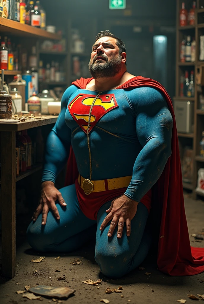 Super fat sad superman, in an abandoned burger joint