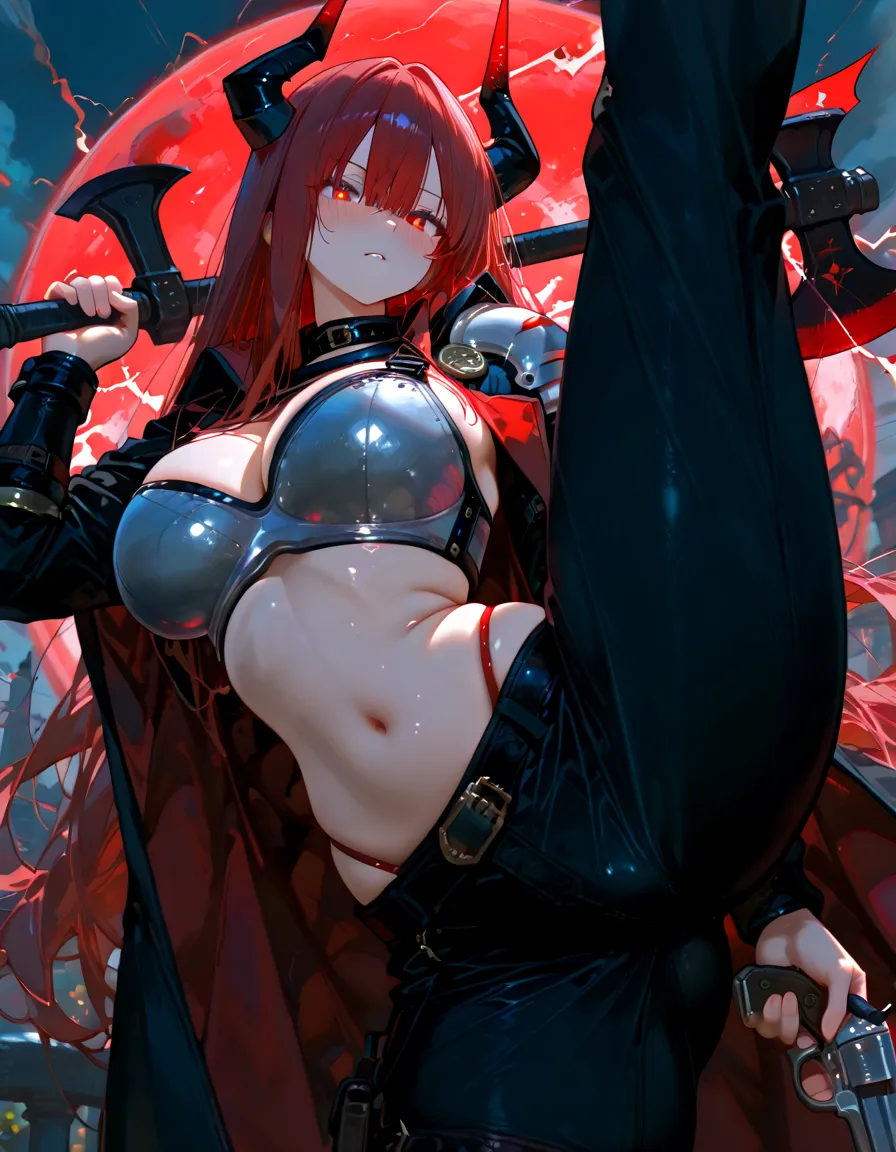 weird atmosphere, (best quality:1.1), (masterpiece:1.2), high quality shadow, beautiful detailed, (high detailed skin, skin details), (wide landscape, 8k), depth of field, highres, best illumination, (sexy), outdoors, blurry background, HD hair, beautiful face, perfect skin, red hair, long hair, (big breasts), blood particles, (night), sharp teeth, glowing red eyes, blood on face, blood on clothes, blood splashing, female knight dying in the war fields, white dress, leavage, stocking, high heels, kneel pose, close to viewer, gripping blue flame sword, in the grassland, foggy, wet body, wet hair, hair fluttering, bare shoulder, blue flame, explosion