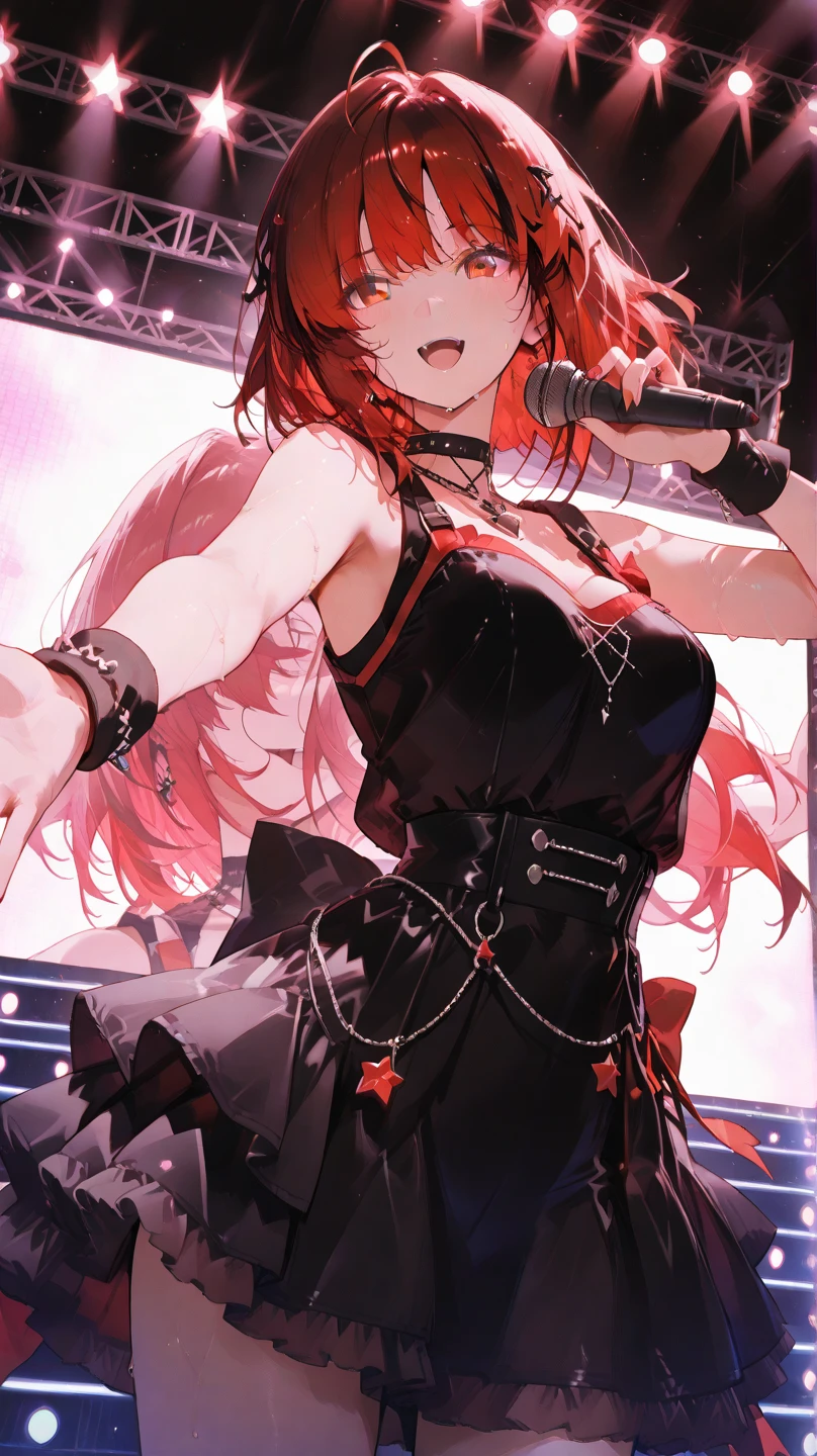woman, grin, curly red hair in pig tails with ribbons, green eyes, black eyeshadow, wearing crop top black shirt, black jacket, red plaid skirt, black knee high boots, black fingerless gloves, exposed shoulders, large breasts, freckles, abs, cleavage, looking at viewer, masterpiece, best quality, Holo-Punk Style, dancing on stage, rockstar, make up, eyelashes, fish net undershirt, fish net stockings, (full body)