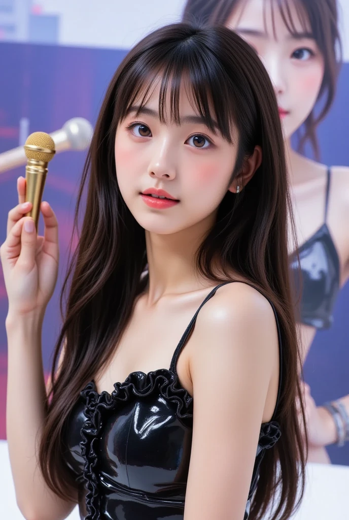(masterpiece:1.3), high resolution, ultra detailed, extremely detailed CG unity 8k wallpaper, realistic, photo-realistic, RAW photo, beautiful detailed face, pale skin, realistic glistening skin, detailed cloth texture, detailed hair texture, Perfect body, Beautiful Face, accurate, Anatomically correct, Highly detailed face and skin texture, natural neck length, (beautiful hands), (fair skin:1.1), (well-aligned teeth:1.1), (Sweaty skin:1.2), 
BREAK, 
Detailed eyes, symmetric eyes, Light Brown eyes, Double eyelids, Thin eyebrows, (Glossy lips:1.4), ((A face with waiting for a kiss:1.2)), (blush:1.1), (A sparkling small hair accessory:1.1), (beautiful smile:1.1), (having microphone:1.3),
BREAK, 
(A classy and Cute junior idol:1.3), (15-year-old girl:1.4), (nude, nsfw, nipple:1.4), 
BREAK, 
very small breasts, slender figure, firm abs, 
((pony tail, black hair, bangs:1.2)),  (cowboy shot:1.2), (looking at viewer), cowboy shot, From above, 
BREAK, 
 (singing on stage:1.3),